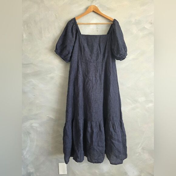 Garnet Hill Dresses & Skirts - Garnet Hill Europe Linen Puff-Sleeve Midi Dress Chambray Tiered Smock Back Sz L